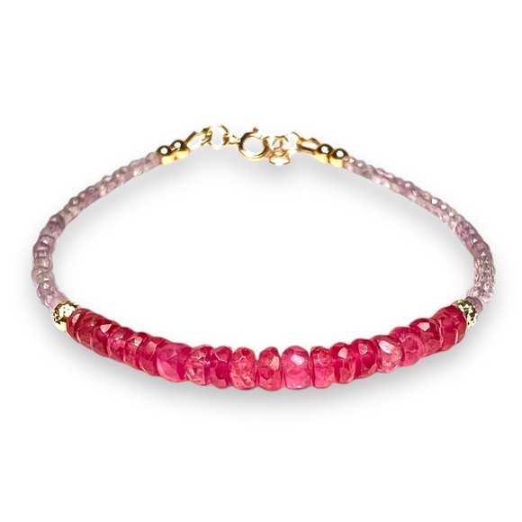 Natural Gems - Pale Amethyst and Bright Pink Spinel Bracelet in 14k Yellow Gold, - Picture 4 of 8